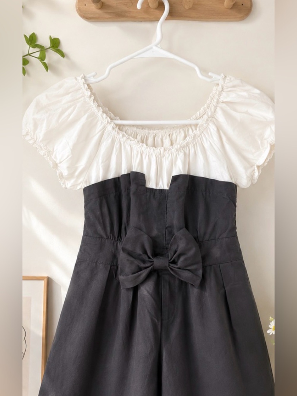 White Puff Sleeve Top with Black Bow-Front